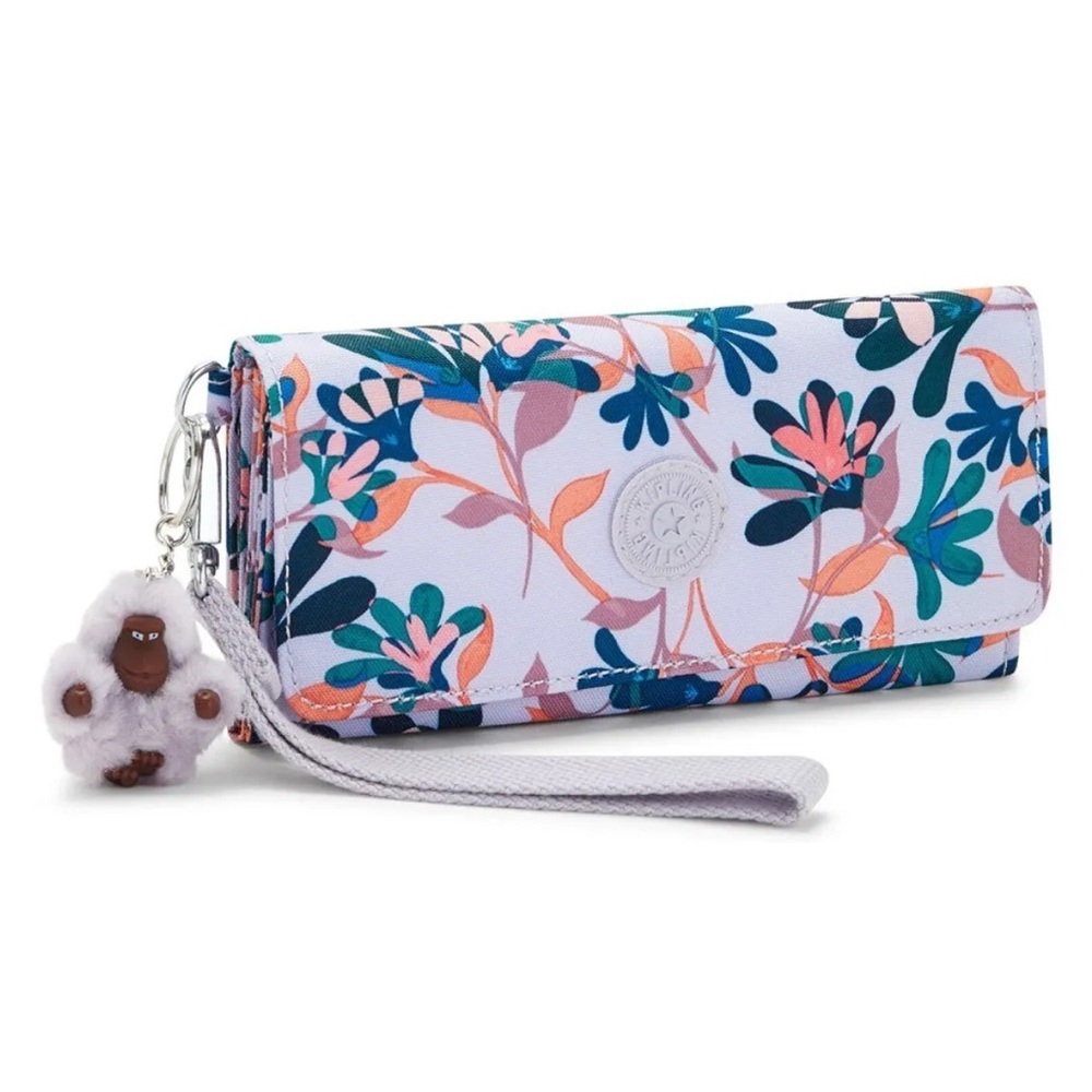 New Kipling Rubi Dramatic Blooms Purple Floral Nylon Large Wristlet Wallet